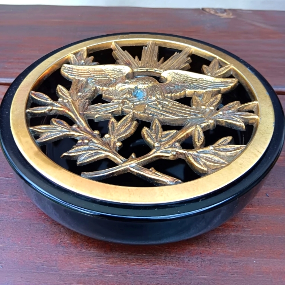 Vintage Brass Eagle on Smokey Glass Trinket Dish.